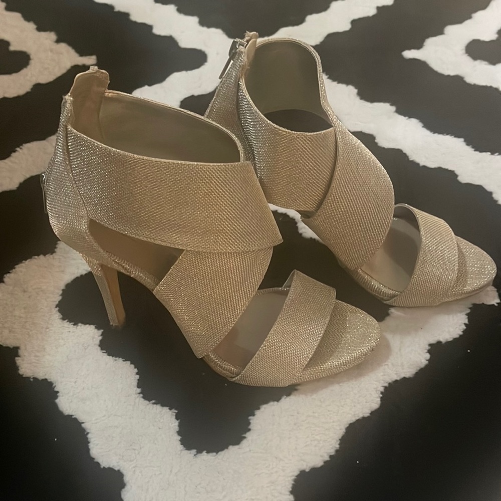 [Zara] Sparkly Glitter Gold Wide Straps Heels fits more like a size 8.
